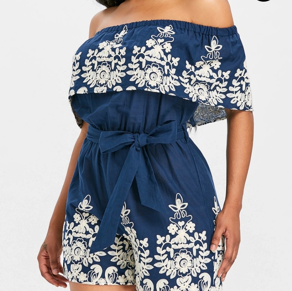 Blue And White Romper With Belt